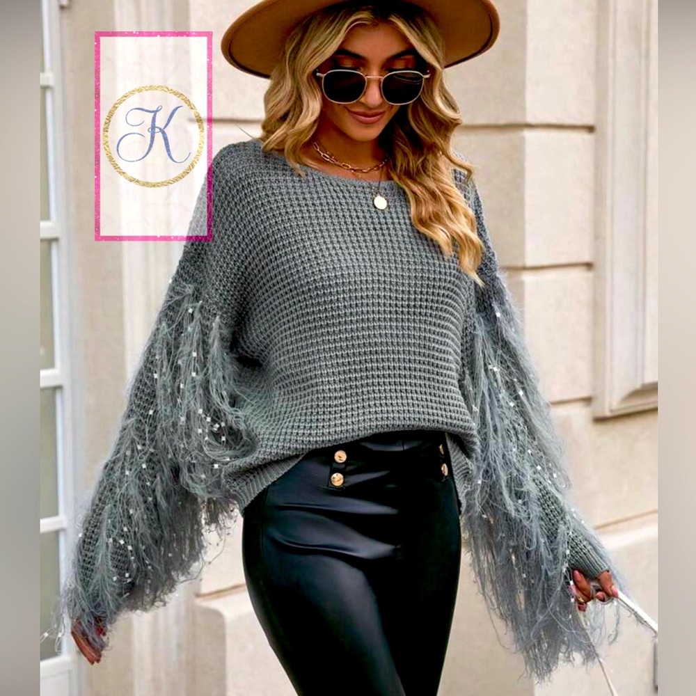 Platinum Gray Fluffy Batwing Shag Pullover Sweater w/Arm Fringes